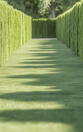 A serene walkway stretches through neatly trimmed hedges casting gentle shadows on the grass. Sunlight filters through the leaves creating a peaceful ambiance for strolls.の素材