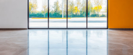 Bright modern interior features polished flooring and large windows. Outside trees with yellow foliage are visible under clear skies. The atmosphere suggests a serene open space.の素材
