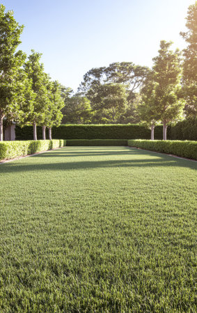 A vibrant garden features a large expanse of lush green grass bordered by well-trimmed hedges and tall trees. Bright sunlight illuminates the scene creating a serene atmosphere.の素材