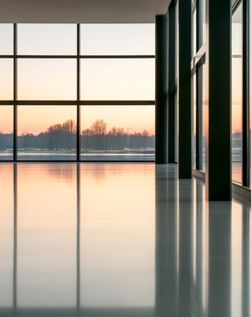 A spacious minimalist interior features expansive windows that capture a breathtaking sunset. The reflections on the polished floor enhance the calming atmosphere in the tranquil space.の素材