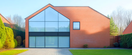 Contemporary brick structure features expansive glass windows demonstrating modern design. The house is surrounded by green landscaping set in a quiet suburban neighborhood during daylight hours.の素材