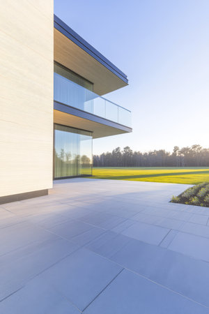 A contemporary house showcases a minimalist design with large glass windows and smooth stone surfaces. The sunset casts a warm glow over the lush green lawn enhancing the serene atmosphere.の素材