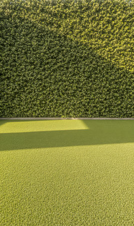 Soft greenery blankets the ground contrasting with a textured green wall covered in foliage. Bright sunlight casts gentle shadows creating a serene atmosphere in this outdoor setting.の素材