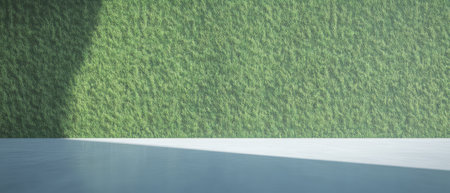 A modern space features a textured green wall complemented by a clean simple surface below. Natural light casts interesting shadows creating a serene atmosphere and a fresh look.の素材