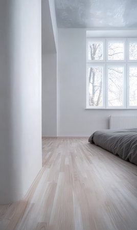 Bright and airy bedroom featuring large windows that allow natural light to flood in. The sleek wooden floor complements the simple design with a gray bedspread creating a tranquil atmosphere.の素材
