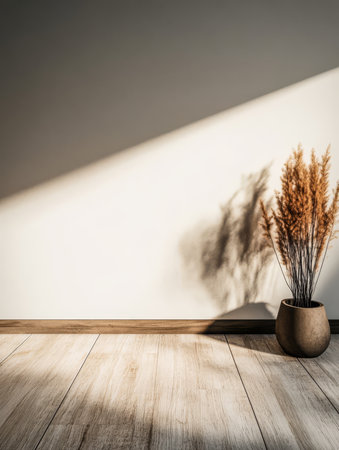 A serene indoor space features a pot of dried plants positioned by a wall. Soft sunlight casts shadows enhancing the tranquil atmosphere of the room with wooden flooring.の素材