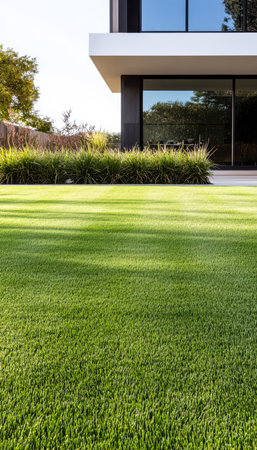 A beautifully landscaped lawn surrounds a contemporary home featuring a pristine green grass lawn and large windows that showcase the architectural elegance. Sunlight illuminates the natural beauty.の素材