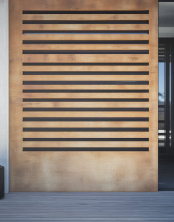 A striking slatted door made of wood creates an inviting entrance to a stylish modern home. The clean lines and contrasting colors enhance the overall aesthetic of the entrance.の素材