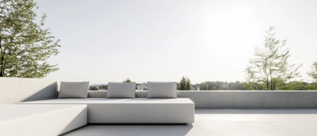 A spacious outdoor lounge area features a sleek white sectional sofa with cushions. The background showcases a vibrant landscape under clear skies highlighting natures beauty during daytime.の素材