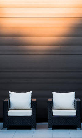 Two stylish lounge chairs with plush cushions are placed on a tiled floor. A warm glow from the wall creates a cozy atmosphere in a contemporary space perfect for relaxation or conversation.の素材