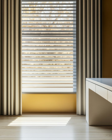 Soft light filters through sleek blinds in a contemporary space casting shadows on the floor. The warm walls complement the simple furniture enhancing comfort and tranquility.の素材