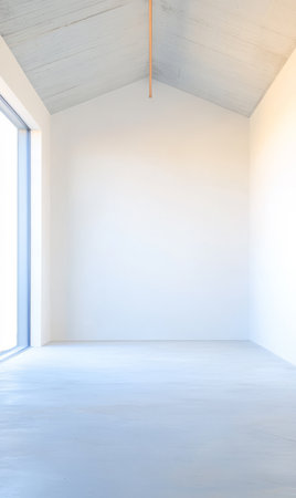 An empty room features a minimalist design with bright white walls and an expansive window allowing natural light. The clean aesthetic creates a sense of openness and tranquility.の素材