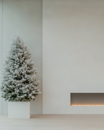 A snowy evergreen tree is elegantly placed in a white planter creating a serene atmosphere in a modern living space during the festive season. Soft lights add warmth to the backdrop.の素材