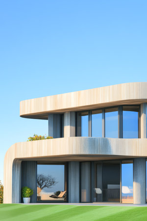 A contemporary house features rounded edges and extensive glass windows surrounded by green grass and a clear blue sky. The design highlights a blend of nature and modern living.の素材