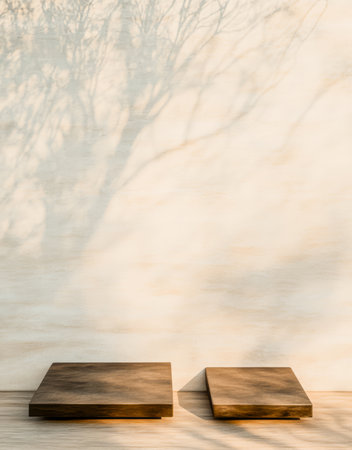 Two wooden platforms are placed on a light-colored surface casting intricate shadows against a warm wall creating a tranquil atmosphere in soft daylight.の素材