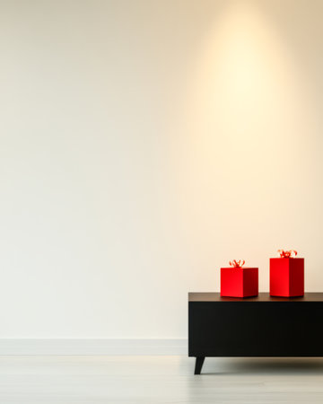 Two vibrant red gift boxes with bows sit atop a sleek black table against a plain white wall creating a striking visual contrast in a minimalist interior setting filled with natural light.の素材
