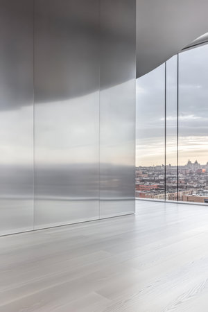 A sleek indoor space features reflective walls and large windows showcasing stunning city skyline views at twilight. The atmosphere combines minimalism with urban beauty.の素材