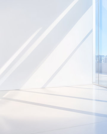 Sunlight casts soft shadows across a minimalistic indoor area featuring stark white walls and a seamless floor.の素材