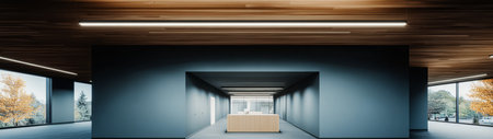 A spacious office interior showcases a minimalistic design with wood accents bright lighting and large windows offering views of trees outside. The reception area is prominently displayed.の素材
