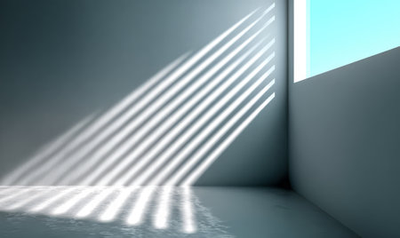 Sunlight filters through a window casting long shadows on a plain wall and floor. The interaction of light and shadow enhances the tranquility of the empty room.の素材