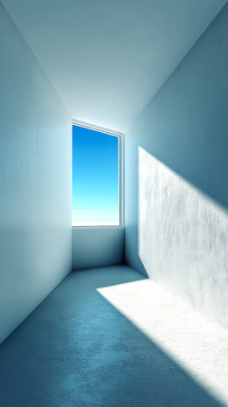 A minimalistic room features a large window with a clear blue sky visible outside. Sunlight creates interesting shadows on the smooth walls and floor enhancing the serene atmosphere.の素材