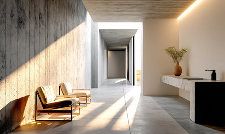 Sunlight filters through a modern hallway featuring sleek lines and minimalist furniture. Two stylish chairs are positioned near a simple table adding to the serene atmosphere.の素材