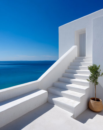 A bright white staircase ascends towards a pristine coastal area. The clear blue sky reflects in the calm sea creating a serene atmosphere at this beautiful seaside property.の素材