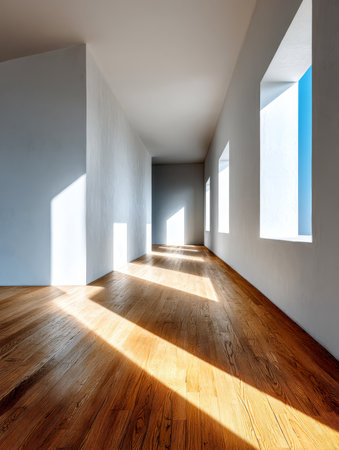 Sunlight casts distinct shadows on polished wooden floors in a modern hallway. The minimalistic design highlights the interplay of light and space creating a serene atmosphere.の素材
