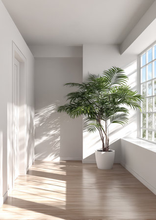 Sunlight streams through a large window illuminating a spacious corner of a modern room. A lush tropical plant in a white pot adds a touch of nature to the minimalist decor.の素材