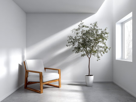 A bright room showcases a simple wooden chair and a potted indoor tree beside a window. Natural light illuminates the space enhancing its serene and modern aesthetic.の素材