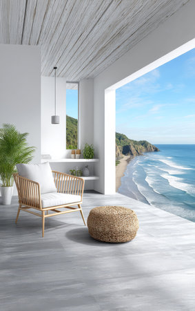 Bright coastal living area features a stylish chair and natural elements with a breathtaking view of the ocean and beach. Natural light floods the room creating a serene atmosphere.の素材