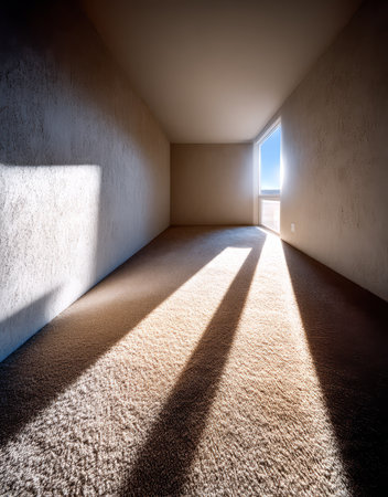 Sunlight streams through a window in an unoccupied room casting long shadows on the textured carpet. The minimalist space showcases a serene atmosphere with a muted color palette.の素材