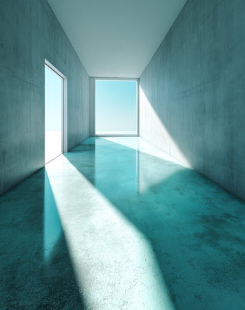 Spacious room features large windows allowing natural light to illuminate the polished concrete floor. The minimal decor highlights a contemporary architectural style enhancing the serene ambiance.の素材