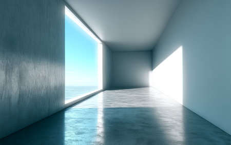 A spacious minimalistic room with large windows showcasing a serene ocean view. Soft light casts shadows on the polished floor enhancing the calm atmosphere.の素材