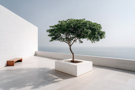 A lone green tree stands in a white planter on a spacious terrace. The calm ocean can be seen in the distance creating a peaceful atmosphere under a clear sky.の素材