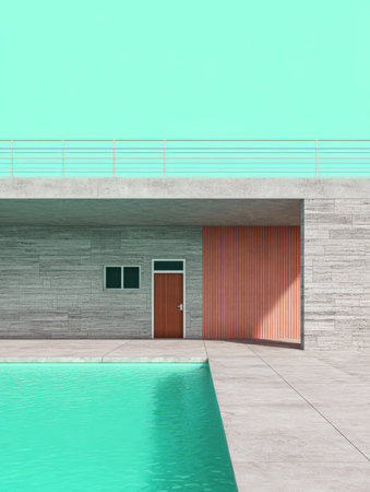 A sleek rectangular structure stands beside a turquoise pool showcasing minimalistic architecture. The building features textured walls a wooden door and vast open spaces inviting relaxation.の素材