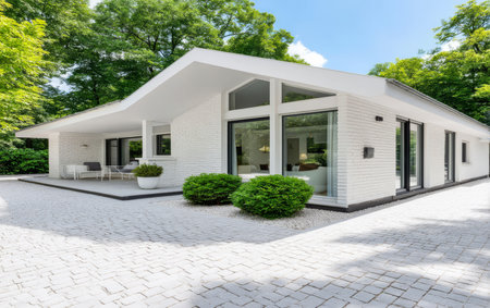 Spacious white house features large windows and a sleek design surrounded by vibrant trees and manicured shrubs. The outdoor area includes a patio creating a peaceful retreat in nature.の素材