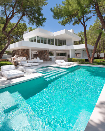 A contemporary villa features a spacious swimming pool with lounge chairs under the bright sun. The lush greenery adds a serene touch creating a perfect retreat for relaxation.の素材