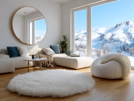 A warm living room features a soft fur rug modern furniture and large windows showcasing a snowy mountain landscape. Bright natural light fills the space creating a serene atmosphere.の素材