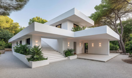 A contemporary villa is situated amidst trees showcasing a minimalist design with clean lines and generous windows. The outdoor space features an inviting staircase and a tranquil atmosphere.の素材