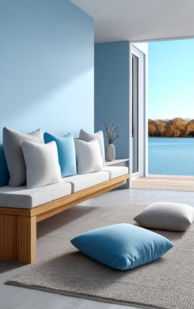 A cozy seating area features soft blue cushions on a sleek wooden bench with large windows revealing a serene waterfront view under clear blue skies. Nature can be seen in the background.の素材