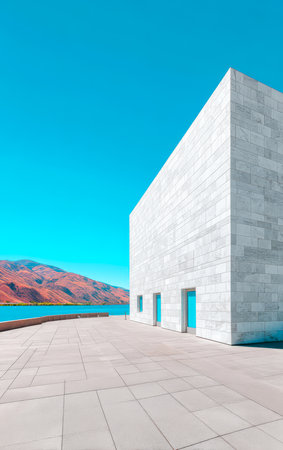 A sleek white building stands out on a sunny day by a calm lake. The mountain backdrop enhances the serene atmosphere creating a perfect blend of nature and modern design.の素材