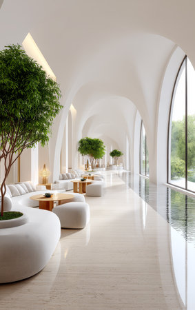 A spacious lounge area features white furniture and large plants creating a calming atmosphere. Large windows allow natural light and provide views of the serene outdoor landscape.の素材