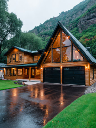 This contemporary wooden home features expansive glass windows and a triangular roof set against a lush green landscape. The wet driveway reflects the surrounding hills creating a serene atmosphere.の素材