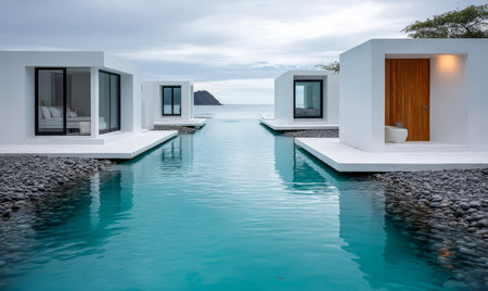 Minimalist villas with large windows are surrounded by calm turquoise water creating a tranquil atmosphere. The simplicity of the design complements the serene tropical landscape at dusk.の素材