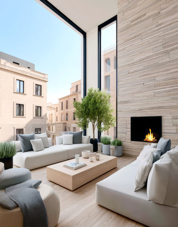 Spacious living room features large glass windows providing natural light. A stylish fireplace warms the area while comfortable furniture and greenery create a cozy atmosphere.の素材