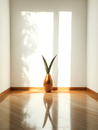 Bright sunlight filters through a window casting shadows on a polished floor. In the corner a sleek vase holds a green plant enhancing the minimalist decor.の素材