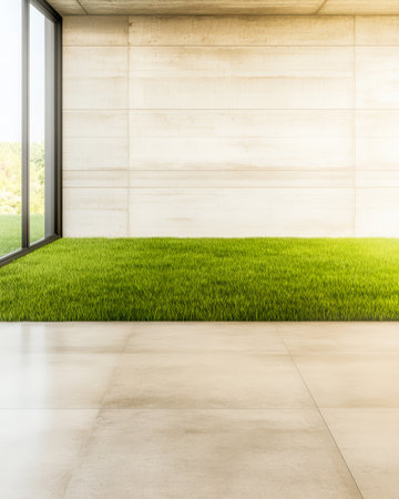 A stylish minimalist interior features a patch of vibrant grass as flooring under large windows that invite natural light. The concrete walls add a contemporary touch to the space.の素材
