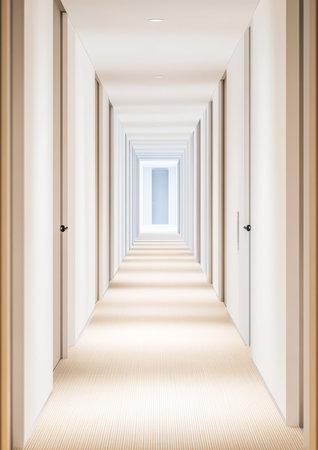 A long well-lit corridor stretches out in a contemporary building. White walls and doors line the sides creating a clean minimalist aesthetic that emphasizes depth and simplicity.の素材