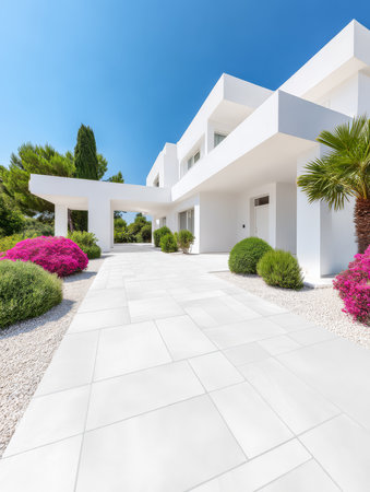 A contemporary white house features striking architecture surrounded by vibrant pink flowers and greenery under a bright blue sky. The pathway leads up to the elegant entrance.の素材